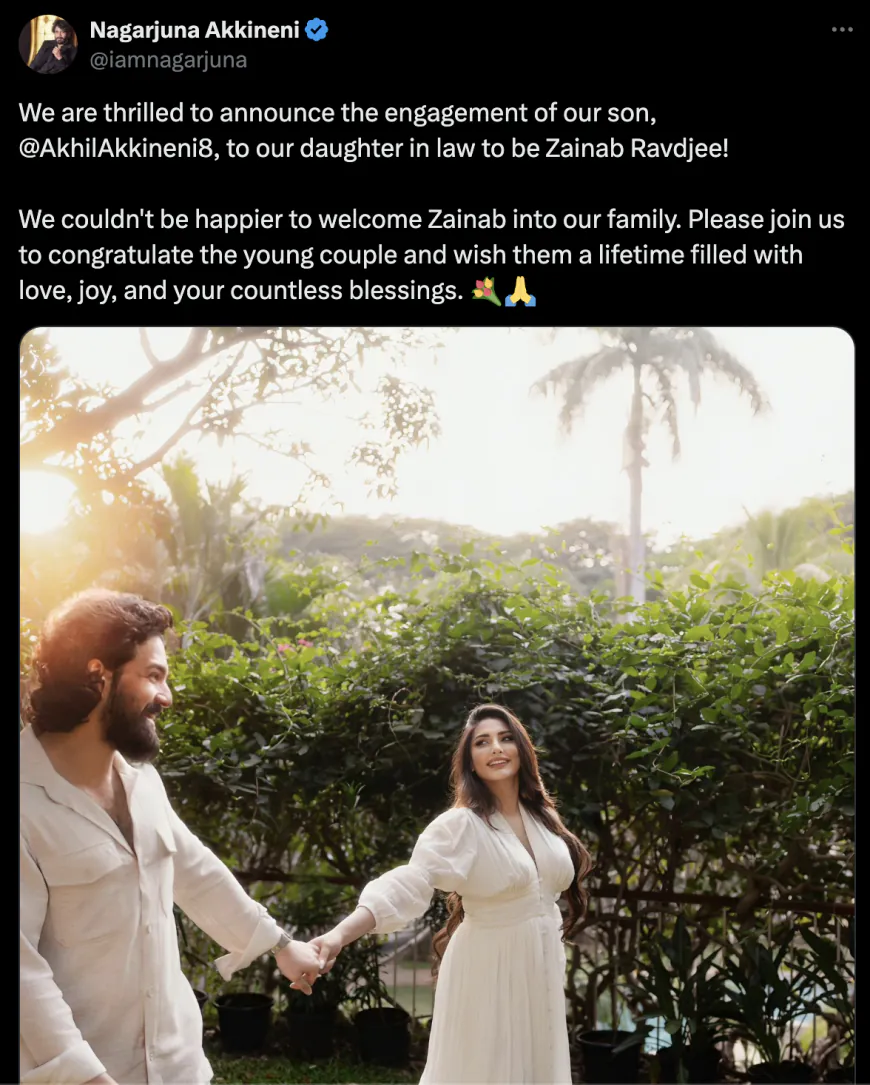 Nagarjuna's younger son Akhil Akkineni got engaged with lifestyle blogger Zainab Ravadji