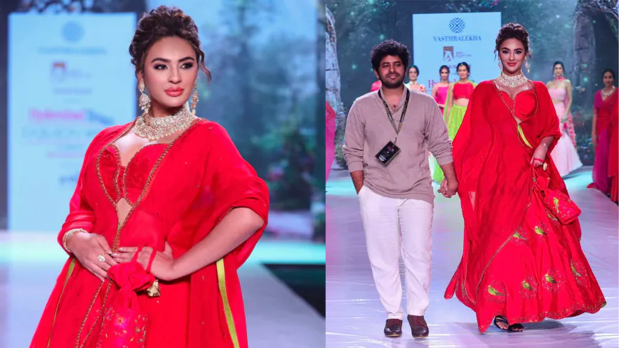 Seerat Kapoor Steals The Show In A Red Ghagra Choli With Parat Printed Designs As The Showstopper For Vashtralekha At Hyderabad Times Fashion Week